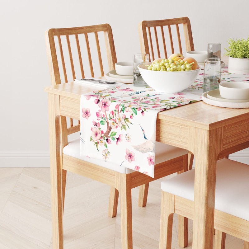 Table Runner, 100% Cotton, 16X108", Cranes & Pink Flowers, 72" L x 16" W