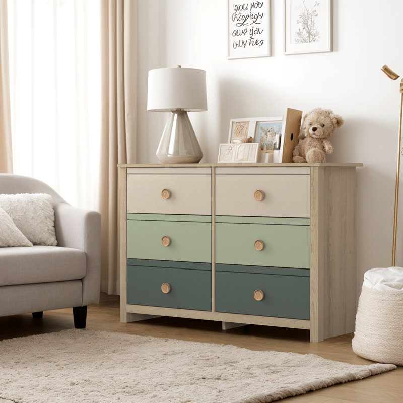 Bustillo 46.1'' W kids 6 -Drawer Dresser, Oslo Oak/Parchment/Sage Green/Kale Green