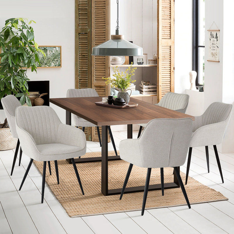 Bhagirath 31.5'' W 6-Person Rectangular Dining Set, Walnut, Beige