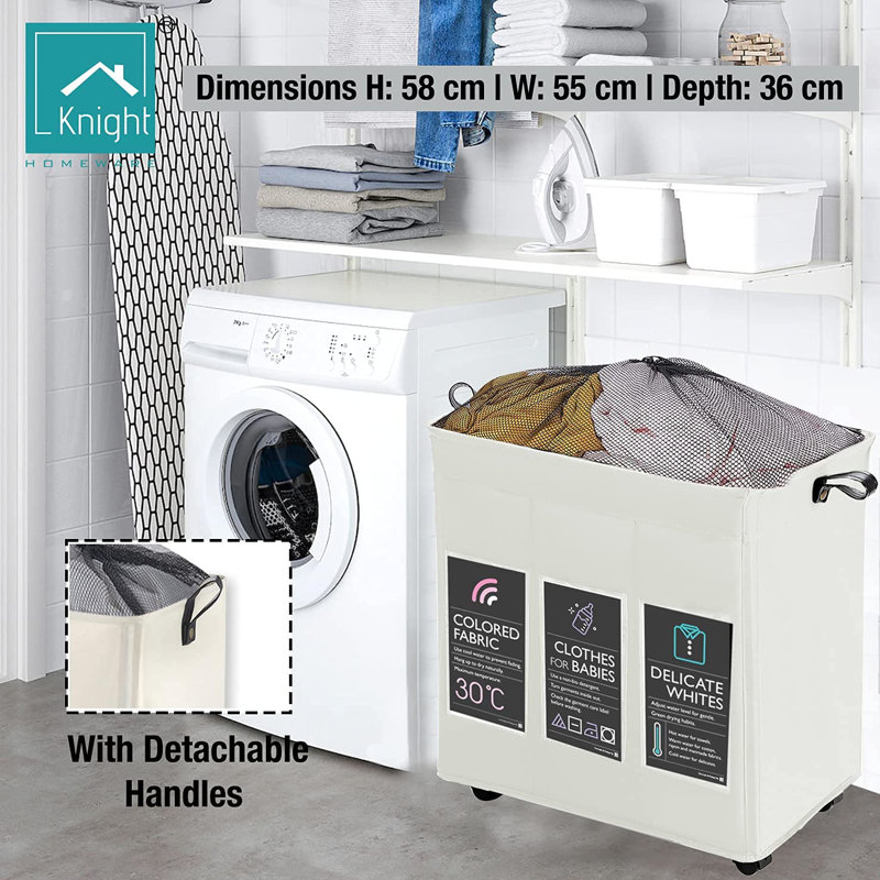 Fabric Rolling Laundry Basket with Handles, Ivory