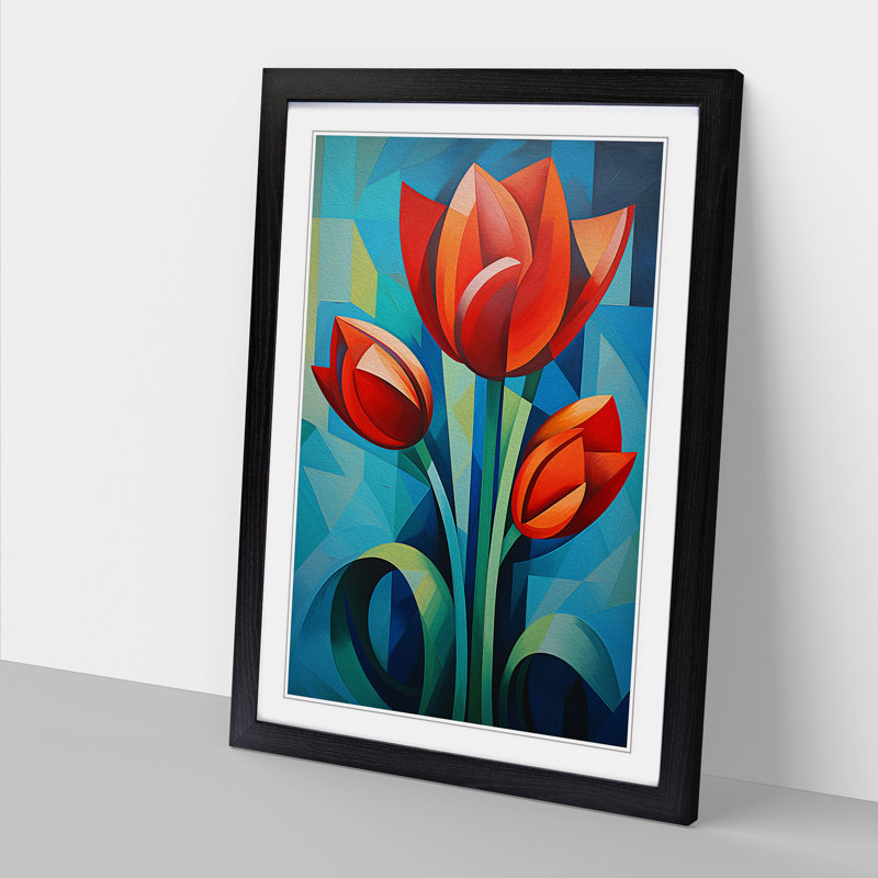 Tulip Flower Constructivism No.2 - Single Picture Frame Print on Wood, 64cm H x 46cm W, Black Framed