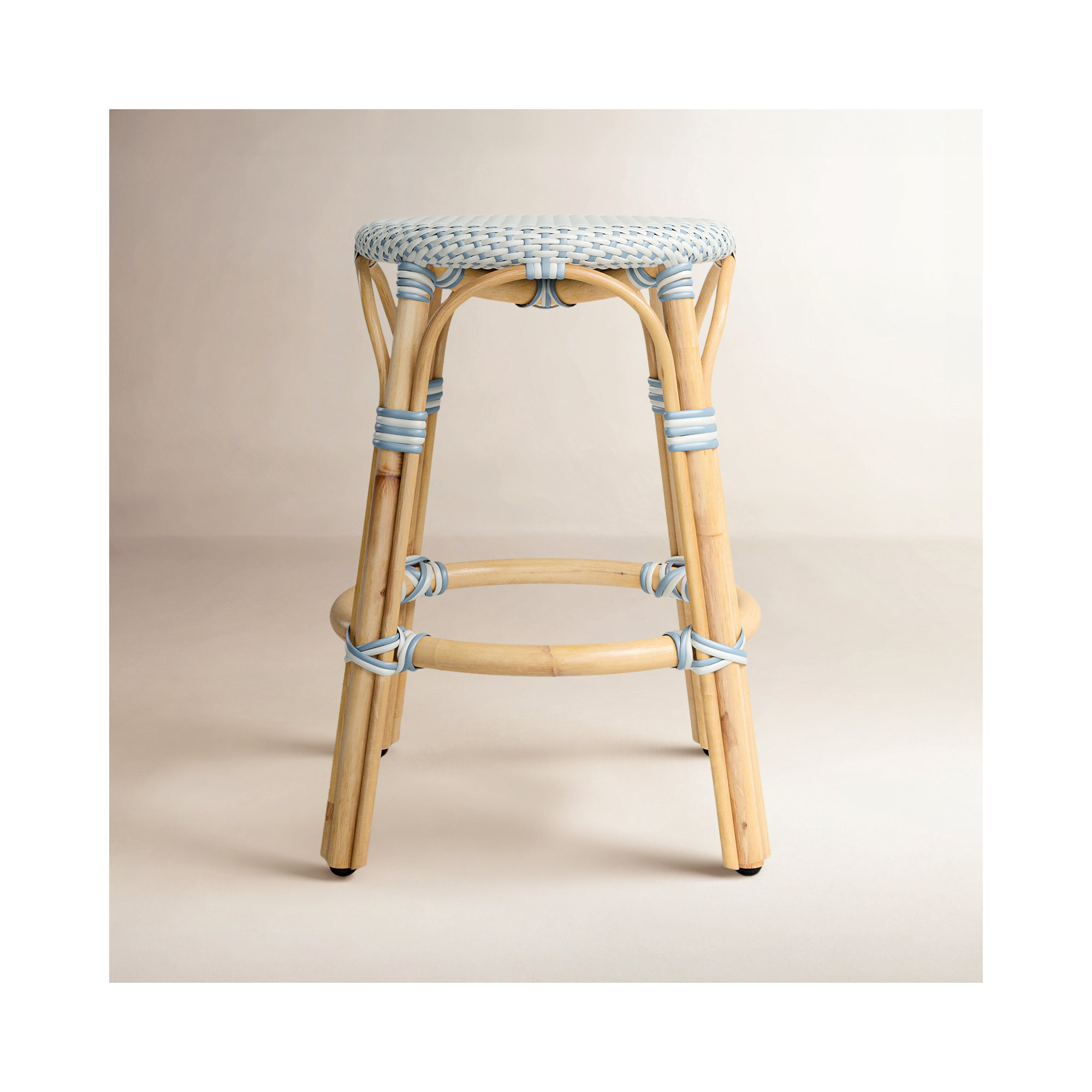 Alastair Bar & Counter Stool, Counter Stool (24" Seat Height), White/Sky Blue Dot/Natural Rattan Frame