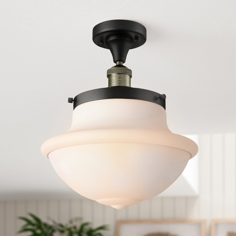 Plafonnier semi-encastré 1 lumière Baptiste, Ampoule à DEL rétro de 6 watts, Laiton antique noir, Blanc mat