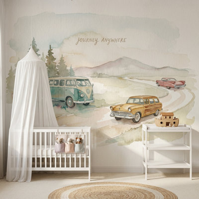Adhésif mural "Road Trip" aquarelle voitures anciennes