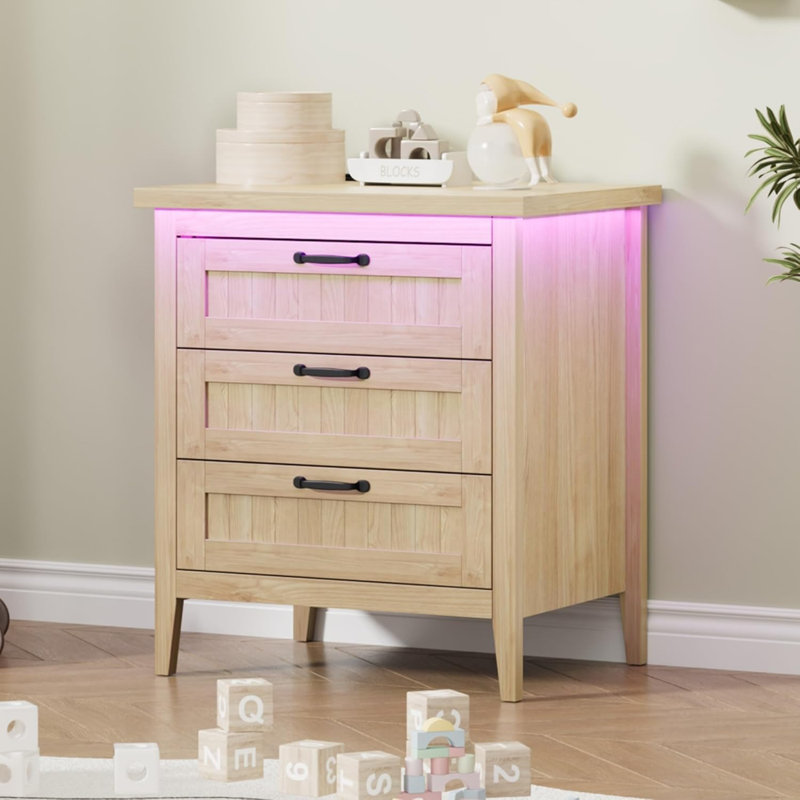 Commode 3 tiroirs, table de chevet en bois avec prise de courant et lumière DEL, rangement dans le couloir de la chambre à coucher