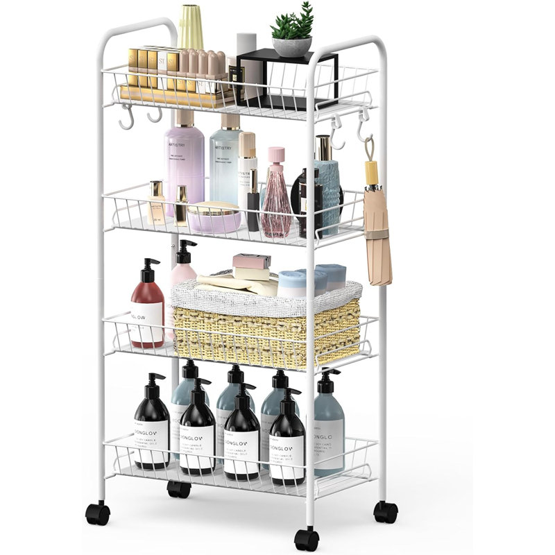 White Metal 4-Tier Rolling Utility Storage Cart with Removable Wire Baskets