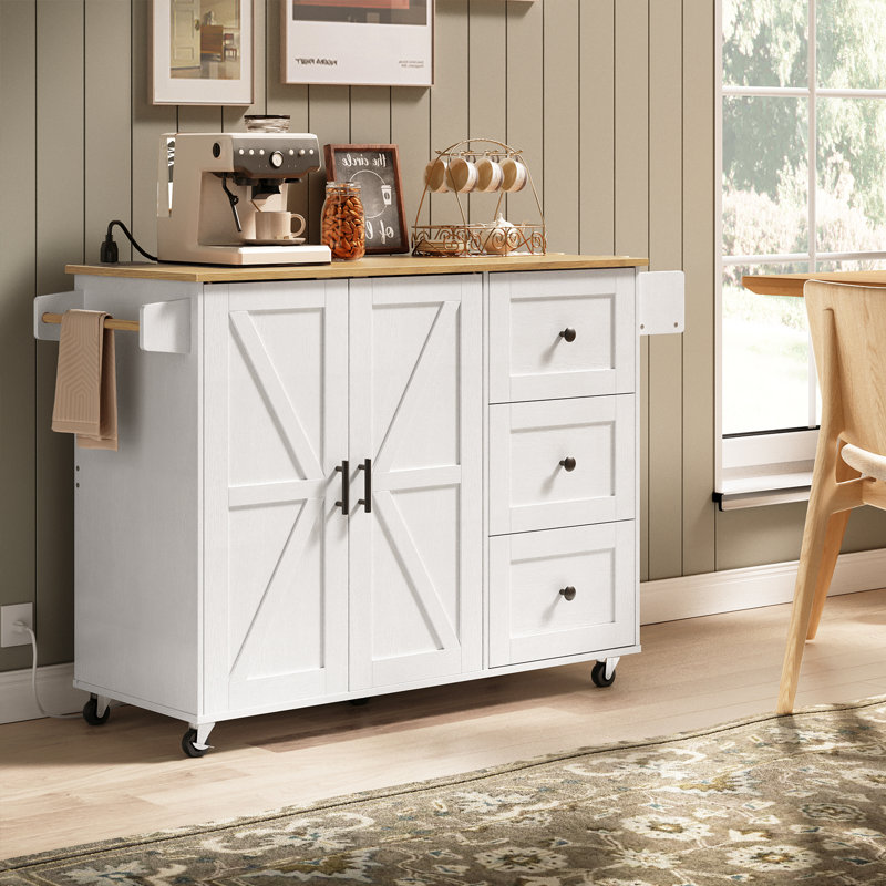 Mayrani 43" Rolling  Kitchen Island with Storage and Power Outlet, Natural/White