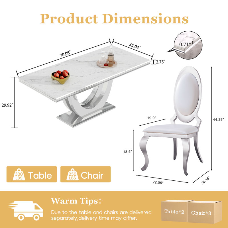 7-Piece Dining Table Set, Marble-Print MDF Table with Velvet & PU Dining Chairs, Stainless Steel Base – Seats 6, White/Silver