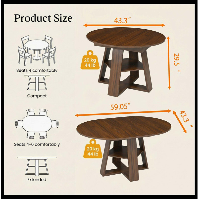 43.3in-59in Extendable Round Dining Table for 4-8,Modern Kitchen Oval Dining Table with Removable Leaves Space Saving,Wood Base with Storage Shelf for Kitchen Living Room (Walnut)