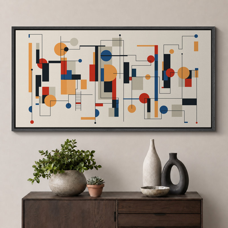 Abstrait mécanique symphonique, formes et lignes géométriques encadrées sur toile, H 30 po x l 60 po, Black