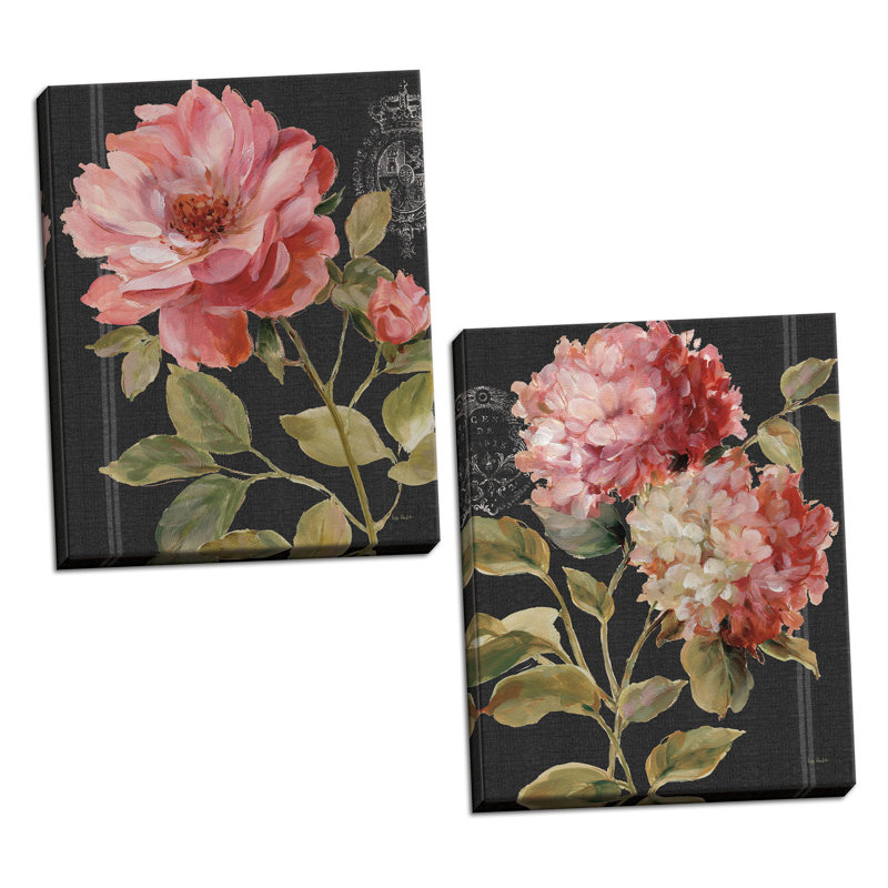 « harmonieuse rose black & hortensias », ensemble de 2 reproductions d’art en acrylique, Toile tendue