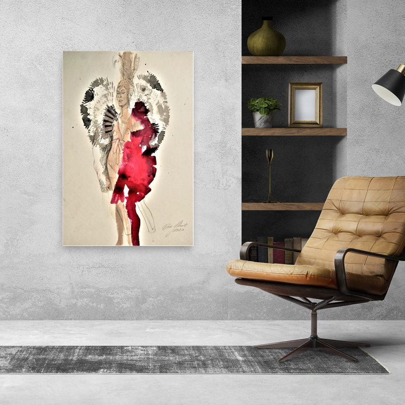«Feathered Woman In Red Portrait», reproduction d'art murale, 48" H x 32" W