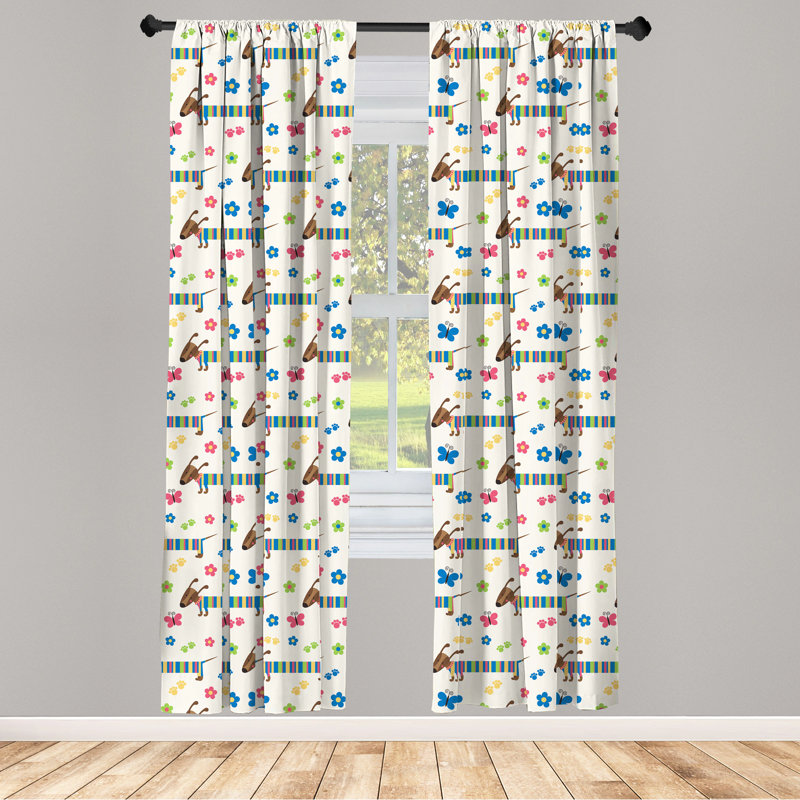 Dog Lover Window Curtains, Wiener Dog Cartoon Dachshund Puppy with Striped Pajamas Flowers and Butterflies, Lightweight Decorative Panels Multicolor Semi-Sheer Rod Pocket Sliding Panel