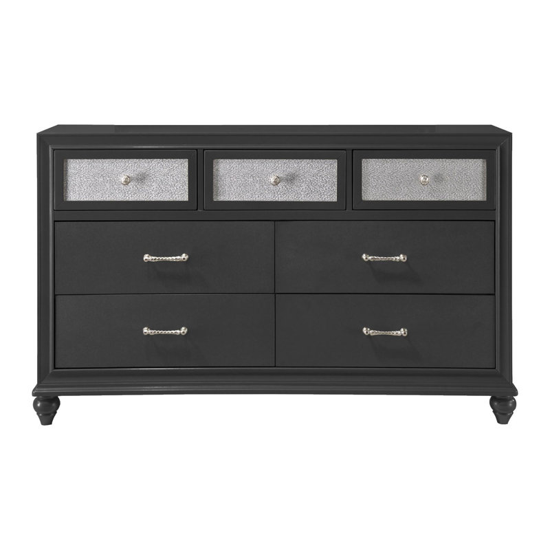 Ensemble de commode et miroir 2 pièces Lexi, 7 tiroirs, poignées et boutons argentés, noir