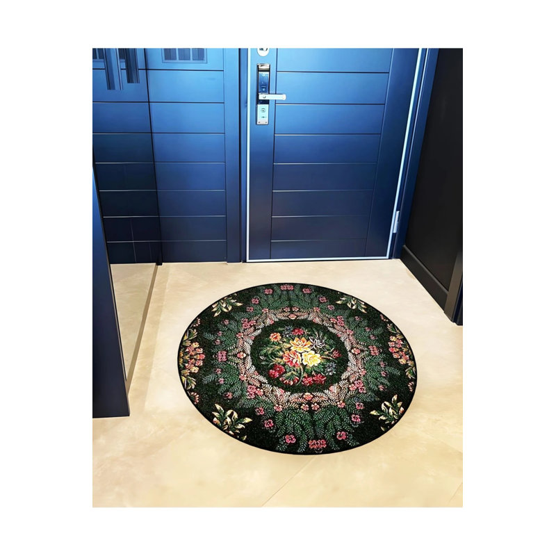 Dark Green And Black Theme Floral And Motif Patterned Round Woven Base Vintage Decorative Carpet, Round 4'