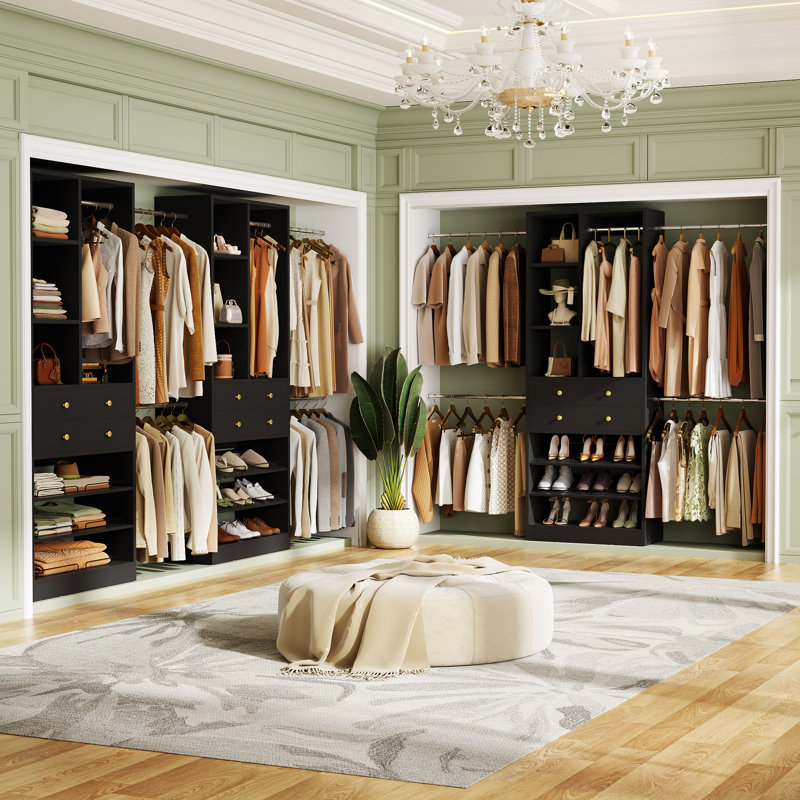 28" Wood Closet System With Drawers And Shelves, Reach-In Closet System For Small Closet, Black