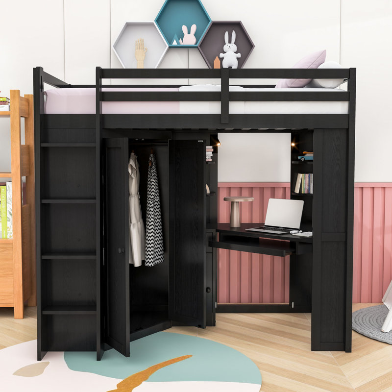 Twin Wood Loft Bed with Desk, Wardrobe, Charging Station and Shelves, Noir