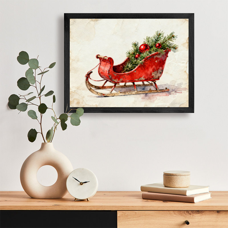 Reproduction d'art encadré noir, arbre de Noël rétro, aquarelle sur le thème de Noël, H 17 po x l 25 po