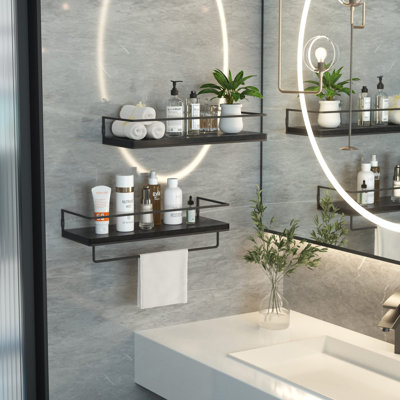White Floating Shelves - Set Of 2, Wall Mounted Hanging Shelves With Golden Towel Rack, Decorative Storage Shelves (White)