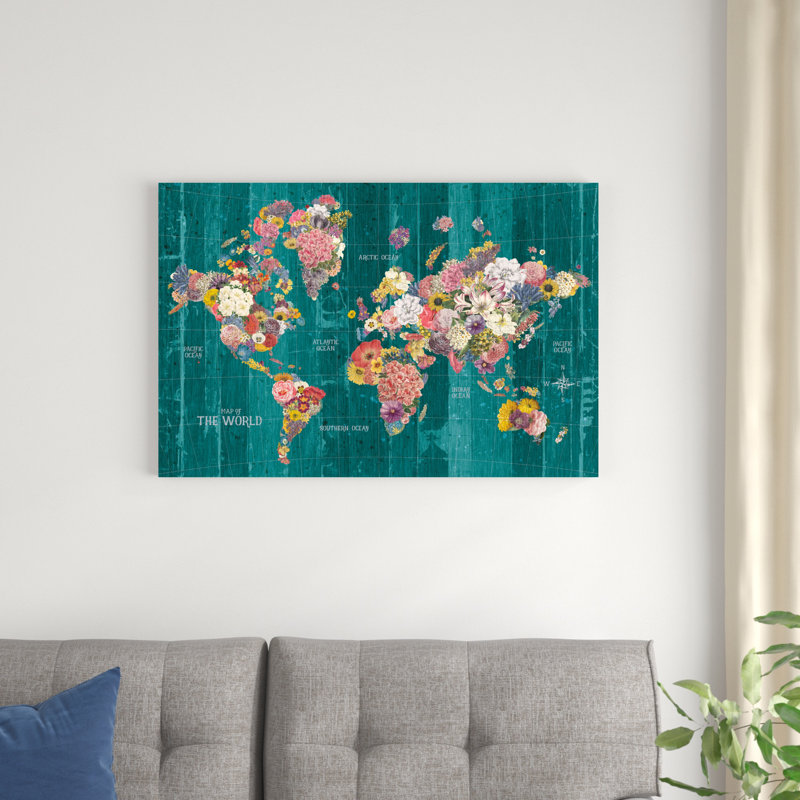 Carte botanique avec mots turquoise, H 36 po x l 24 po x P 1,25 po