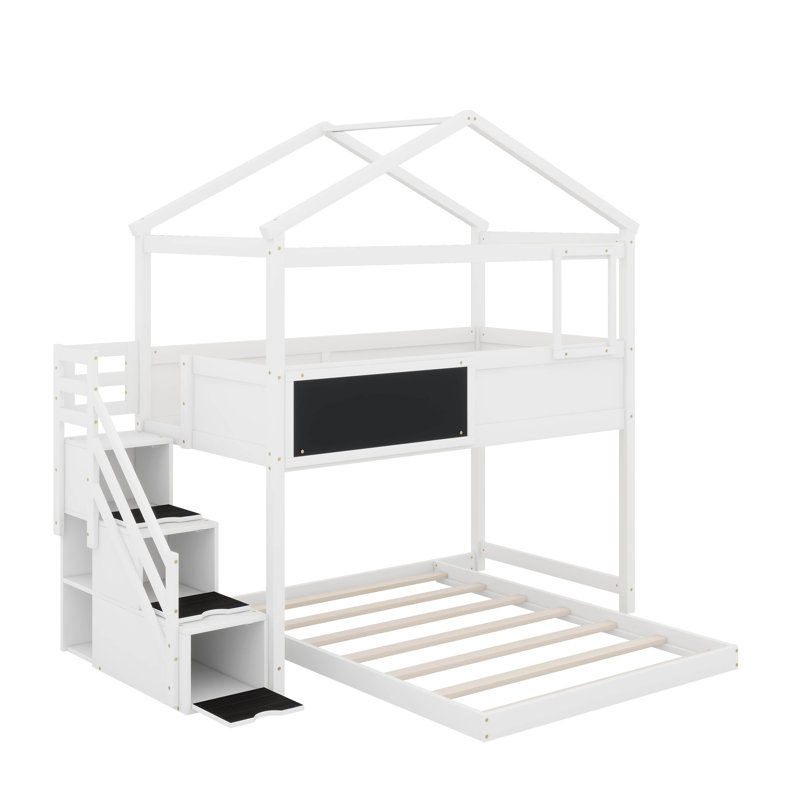 Twin Over Full House Bunk Bed With Blackboard, White