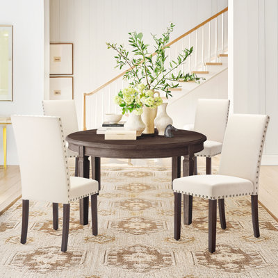 Bontrager Upholstered Nailed Trim Linen Parsons Dining Chairs with Solid Wood Legs by Lark Manor
