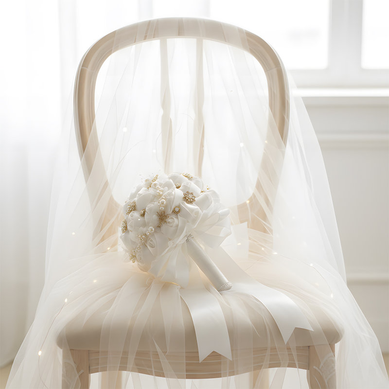 Bouquet de mariage rond en satin de rose fait à la main 7 pouces, Blanc