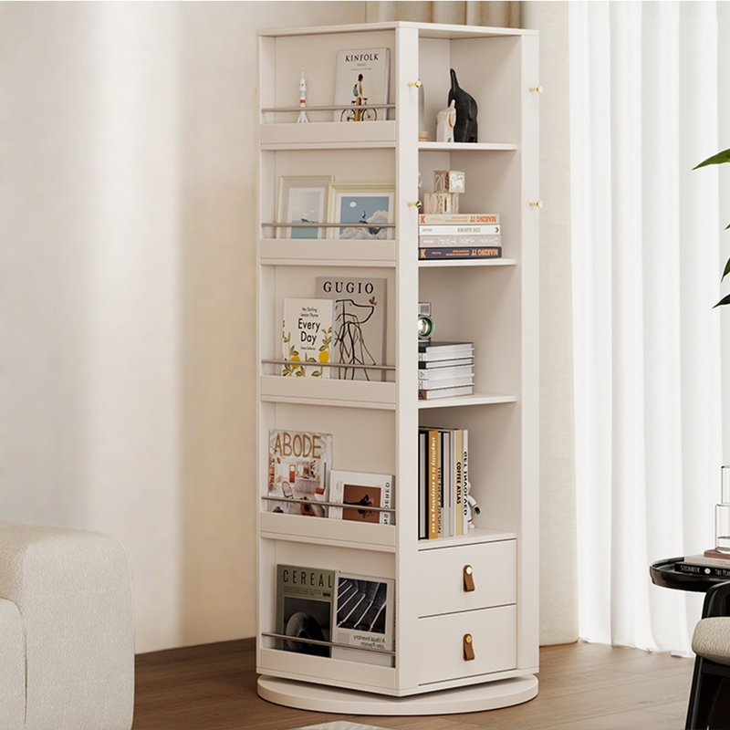 Rotating bookcase with mirror, (4 Shelves) 64.96" H x 27.56" W x 27.56" D, Cream