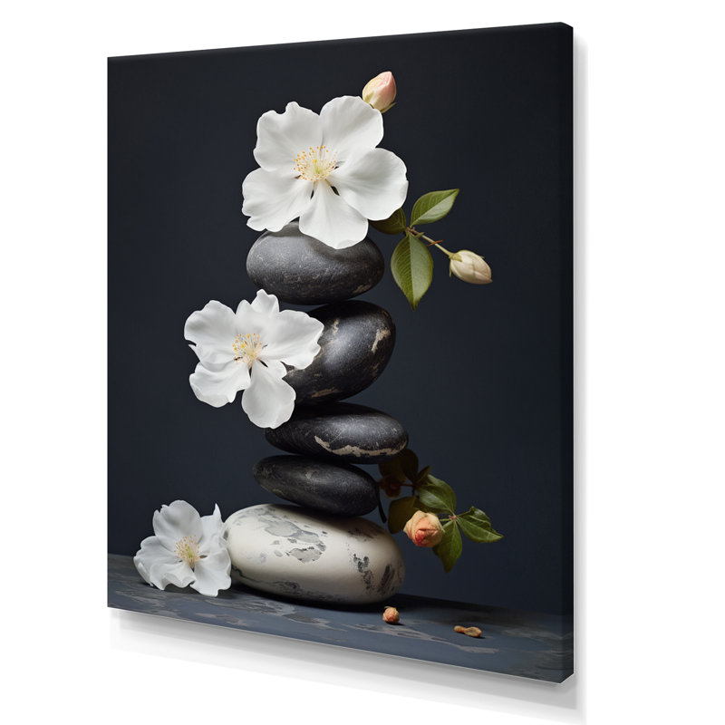 Décoration murale zen sérénité fleurs blanches pierre noire Cairn I - Pierre spirituelle, Toile tendue
