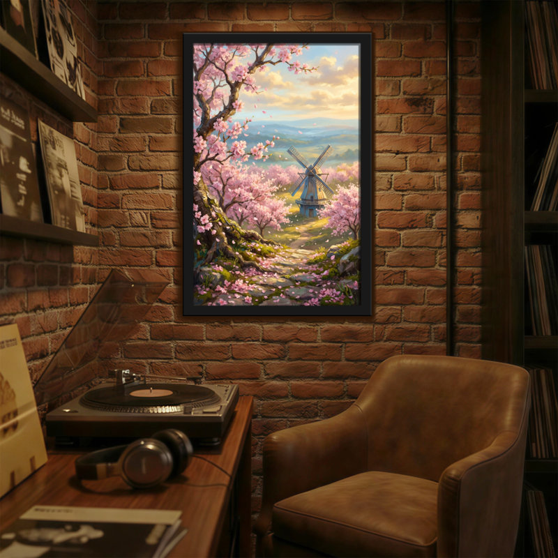 Plantes et fleurs Cherry Blossom Windmill Spring Landscape Path Sky Trees Flowers, H 24 po x l 16 po