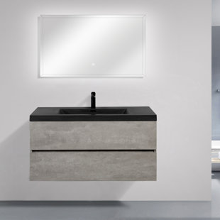 30 In. Wall-Mounted Floating Bath Vanity With Single Black Quartz Sink Top In Gray