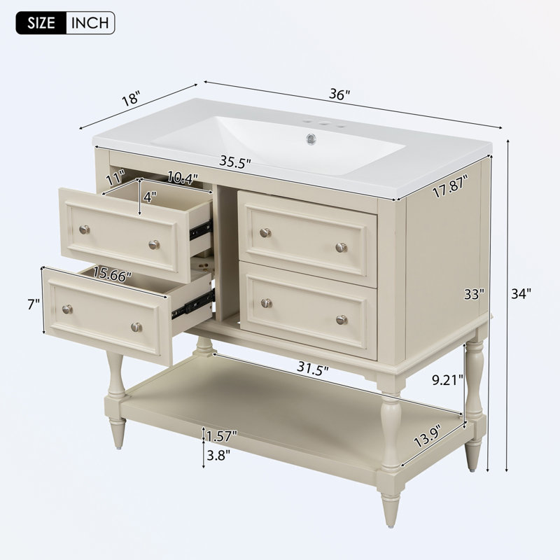 Ensemble de meuble-lavabo 4 tiroirs pour salle de bain avec lavabo, Beige