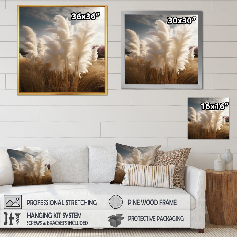 «White Pampas Meadows III», art mural floral, Cadre simple blanc, H 36 po x l 36 po x P 1,5 po