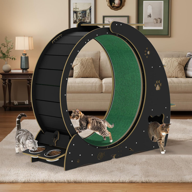 4-in-1 Indoor Cat Running Wheel, Large Quiet Running Wheel with Scratch Pad, Play Roller & Stable Wood Base for Active Cats