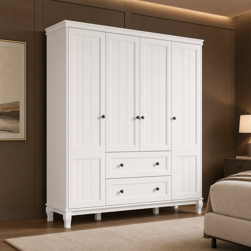 Armoire-penderie blanche H 71,3 po avec 4 portes, 2 tiroirs et tringles suspendues