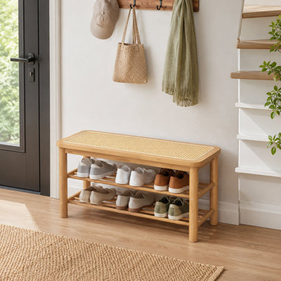 Spacious Bamboo Entryway Bench with 3-Tier Shoe Shelving and Rattan Seat, Hallway Storage Seating Unit, Natural Finish Measuring 31.5 Inches Wide