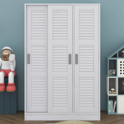 Armoire en bois massif avec 3 portes coulissantes à persiennes, tablettes incluses, cabine de rangement pour vêtements