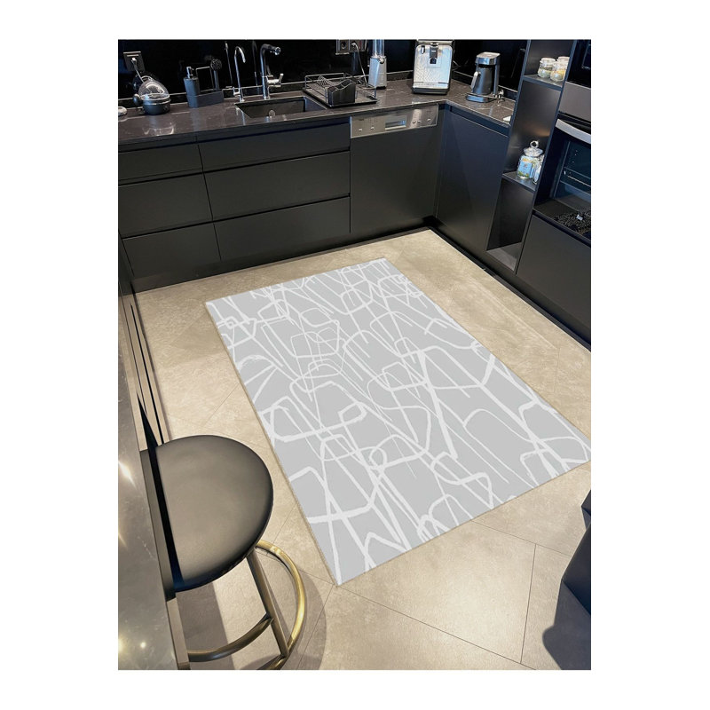 Tapis décoratif gris clair et blanc à motifs abstraits et lavables à la machine, Rectangle 3 pi 3 po x 4 pi 11 po