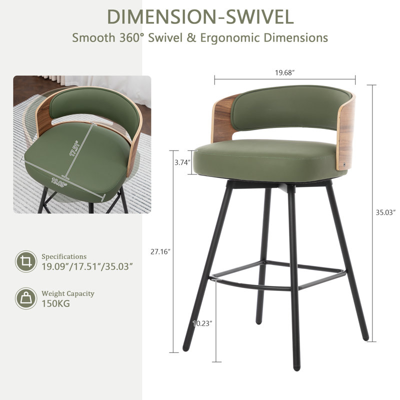 Swivel Upholstered Counter Stool with Metal Frame, Green