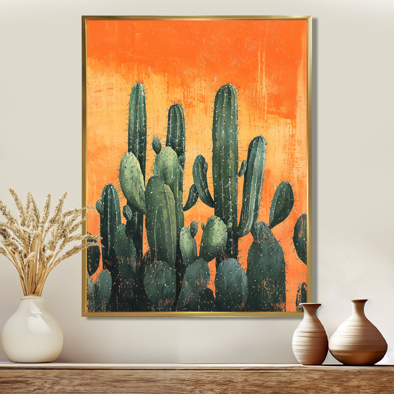 Maricza pastel cactus au lever du soleil II - Cactus, art mural, H 32 po x l 24 po, Impression encadrée sans passe-partout