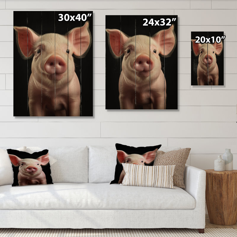 Cochon rose curieux - reproduction d'animaux sur bois de pin naturel, H 32 po x l 24 po x P 0,78 po