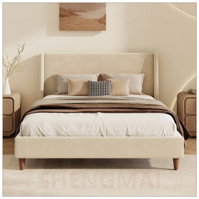 Lit plateforme tapissier moderne avec tête de lit à oreilles et pieds en bois Modern Boucle, sans sommier tapissier, grand
