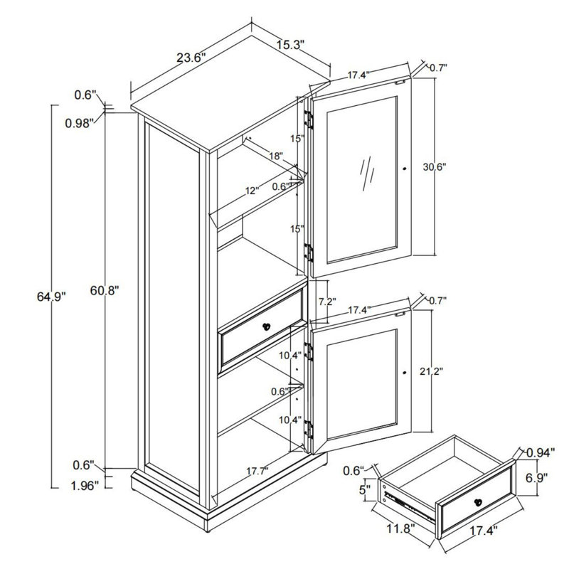  65" Tall Bookcase with Tempered Glass Door, Elegant Freestanding Display Cabinet with Drawer, Modern Wooden Kitchen Pantry Storage Cabinets for Living Room/Office