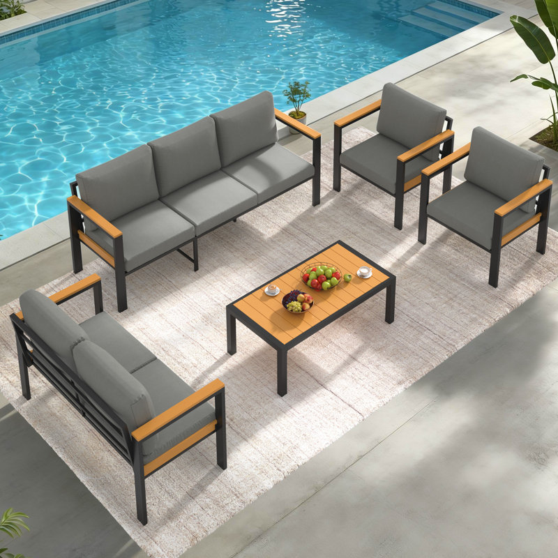 5PCS Patio Furniture Set, All-Weather Outdoor Conversation Set With Coffee Table, Gray