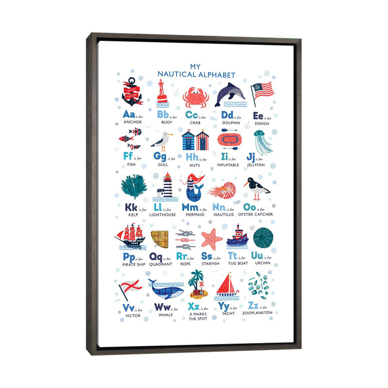 Nautical Alphabet - impression d'art graphique, Pas de tapis, H 60 po x l 40po x P 1,5 po, Toile avec cadre gris