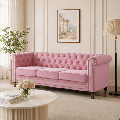 Canapé Chesterfield en velours de couleur rose pour salon 84,65 pouces