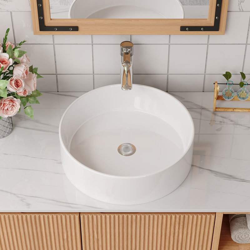 14.17'' Single Bathroom Sink, Round Vessel Ceramic Basin Without Faucet, No Cabinet