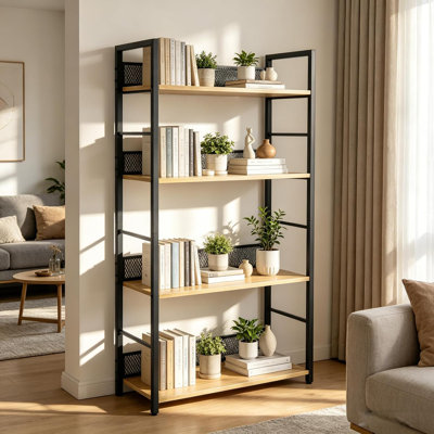 Étagère à 4 niveaux, bibliothèque haute et étroite avec panneaux de protection en métal, tablette de présentation industrielle en bois et métal, meuble de rangement autoportant pour chambre, salon, bureau, brun rustique