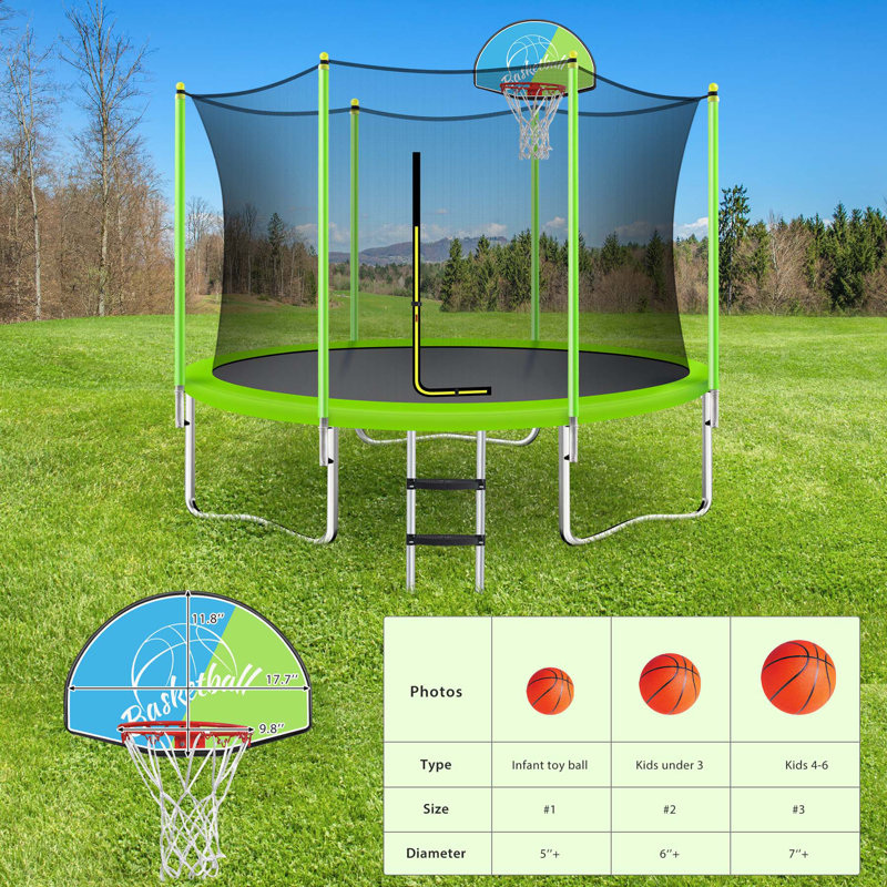 10FT Trampoline for Kids with Safety Enclosure Net, Basketball Hoop and Ladder