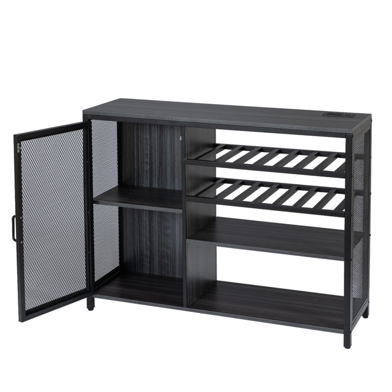 Bar, armoire à vin, crédence de rangement pour boissons alcoolisées, buffet avec porte-bouteilles et porte-verres à pied, avec support UAB, support en métal, placé dans les bars familiaux, les couloirs, les salons, couleur: gris + fil de soie